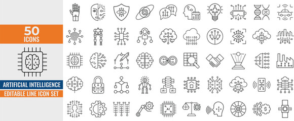 Artificial Intelligence Editable Line Icons set. AI technology icons for web and mobile app