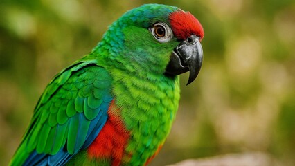 Naklejka premium Close-up of a thick-billed parrot showing off its vibrant green, red, and blue feathers, highlighting the beauty and detail of this endangered species