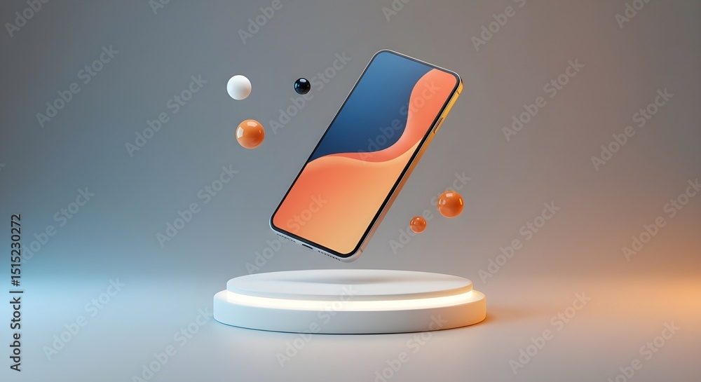 Fototapete modern smartphone presentation floating phone on minimalist display stand