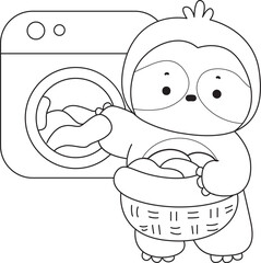Outline of Funny baby sloth animal series stock illustration. Coloring pages of Slow life of fluffy sloth designs.