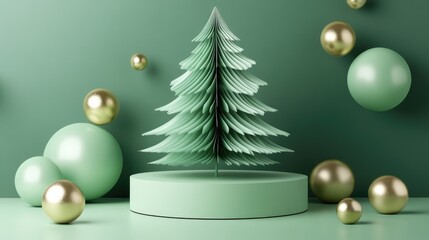 A stylized christmas tree on a pedestal with decorative balls.