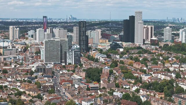 Aerial view of down town Croydon and its industrial estates, in south London. UK