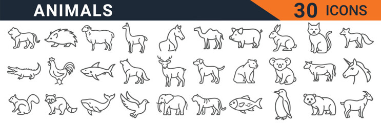 Collection of linear animal illustrations depicting diverse mammals, birds, fish, and reptiles. Suitable for projects related to wildlife, nature, and pets. Vector illustration, editable stroke.