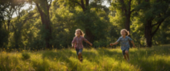 Blurred image of children running in the field at sunset. Blurred background. Created using generative AI tools