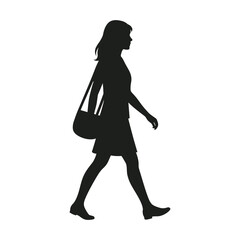 Silhouette of a woman walking with bag on shoulder isolated on white background