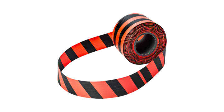 Roll Of Red And Black Striped Caution Tape. Safety And Hazard Warning Tool For Construction Sites Isolated On Transparent Background