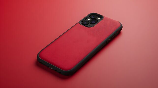 Red smartphone case on a red surface.