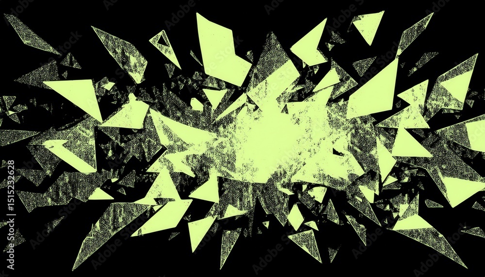 Poster abstract halftone neon shards with chaotic geometric dispersion over black background for modern web