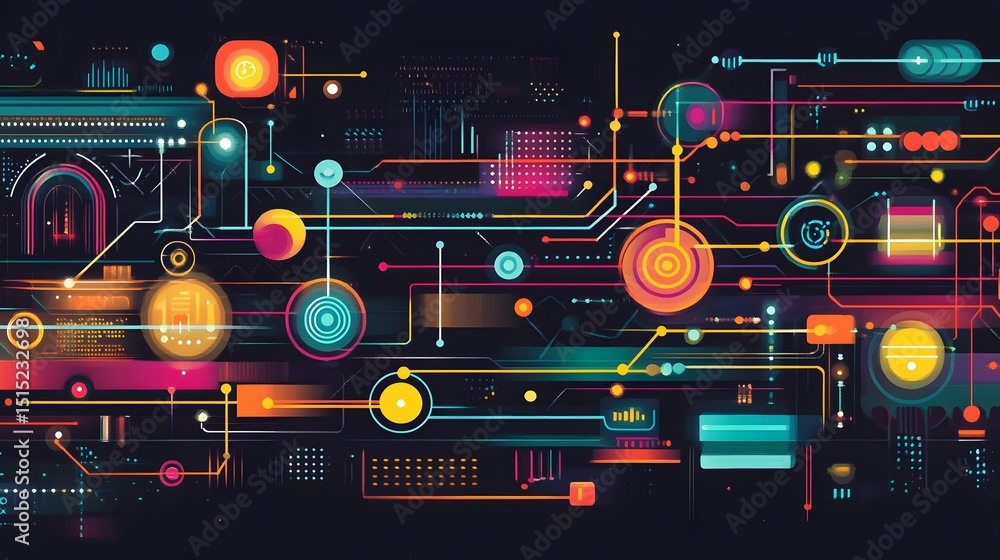 Aufkleber colorful abstract circuit design with vibrant lines and shapes.