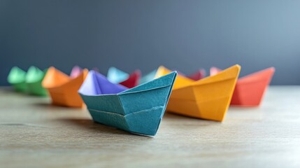Colorful origami boats arranged on a wooden surface.