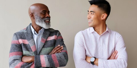 Two men are standing next to each other, one wearing a plaid jacket and the other wearing a white shirt with a watch. They are both smiling and looking at the camera