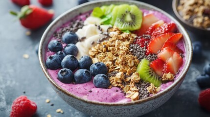 Colorful, healthy smoothie bowl with fresh fruit, granola, and seeds.