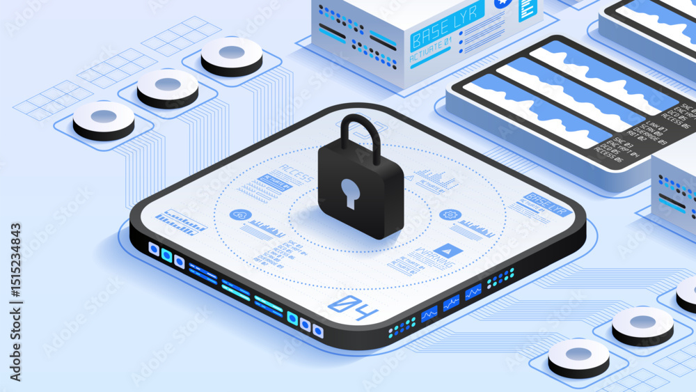 Poster antivirus encryption and cloud data protection. black padlock, representing security, surrounded by 