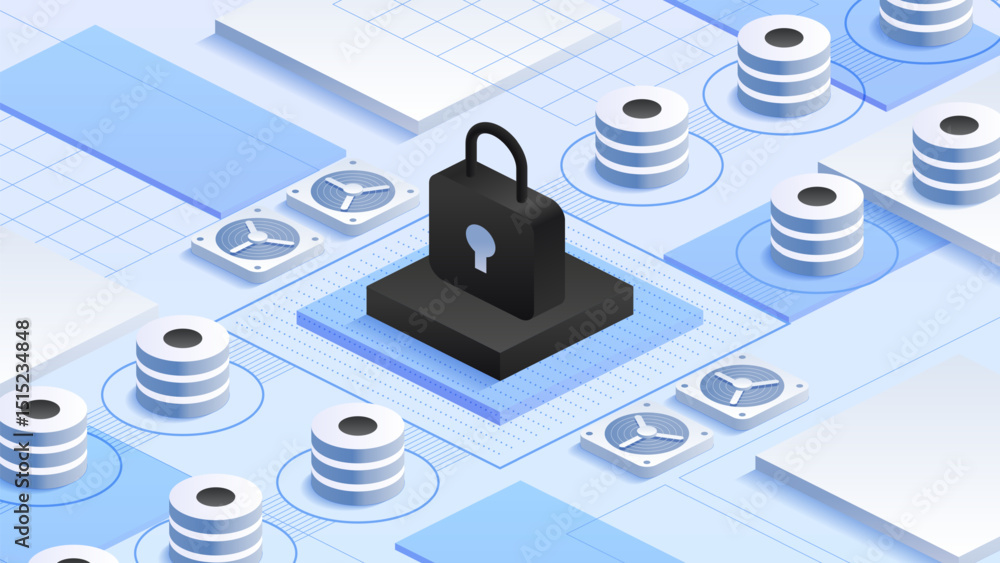 Poster internet security in software development. padlock on a platform. data protection. server stacks ind