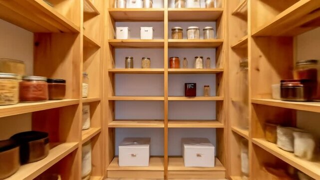 A well-organized, light-brown wooden pantry with numerous shelves