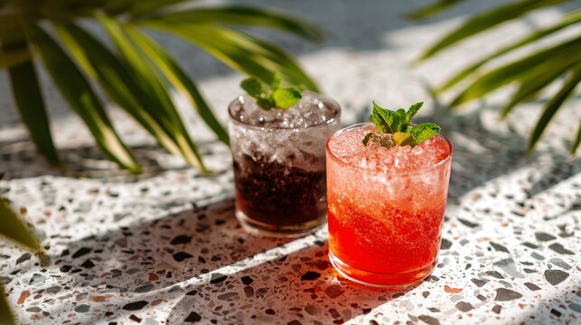 Dual iced drinks like charcoal lemonade and watermelon spritz, on terrazzo with tropical leaves