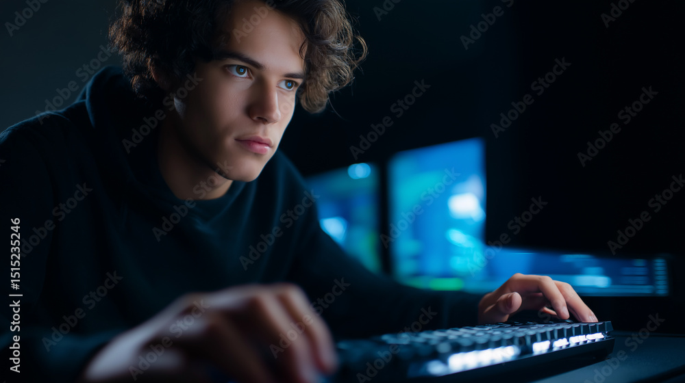 Poster focused young man using a computer in a dark room with multiple monitors, likely engaged in gaming o