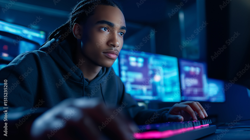 Poster focused young man using a computer in a dark room with multiple monitors, likely engaged in gaming o