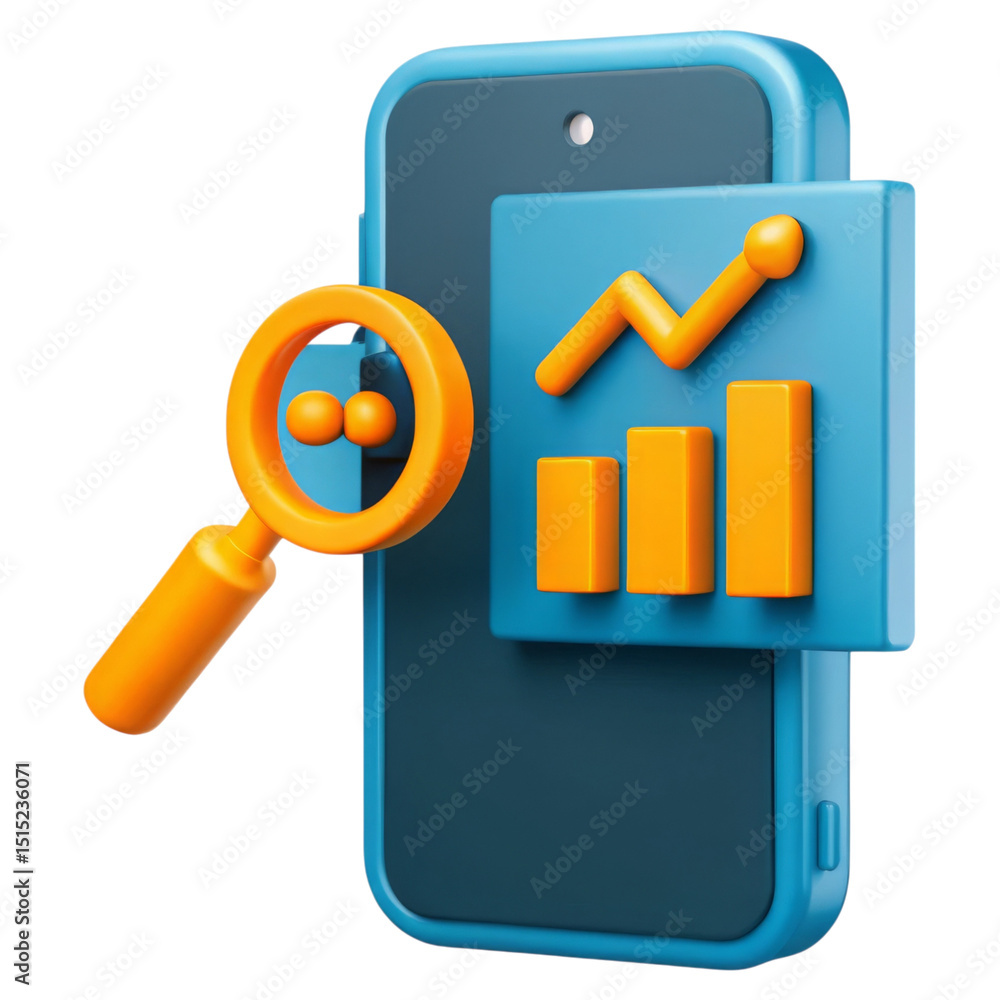 Aufkleber seo optimization and mobile concept. mobile phone with analytics and search symbols.