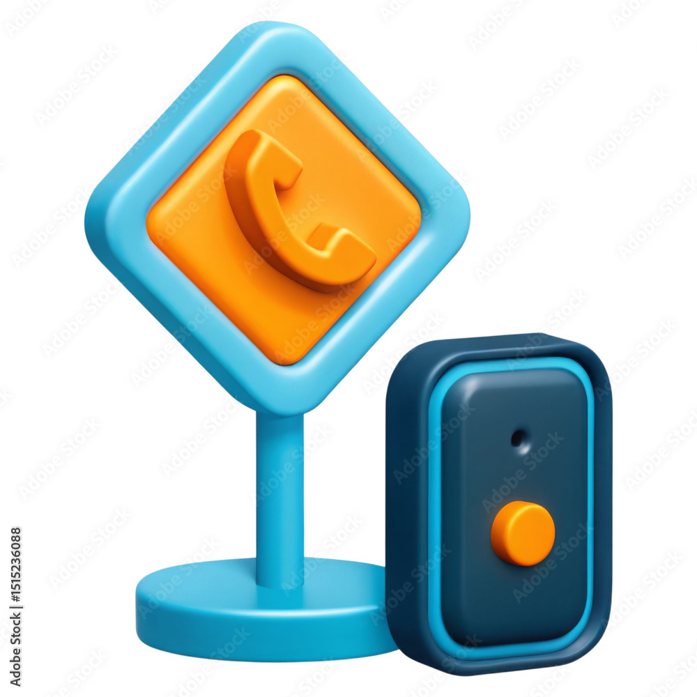 Poster seo optimization and mobile concept. 3d phone sign and button in vibrant colors.