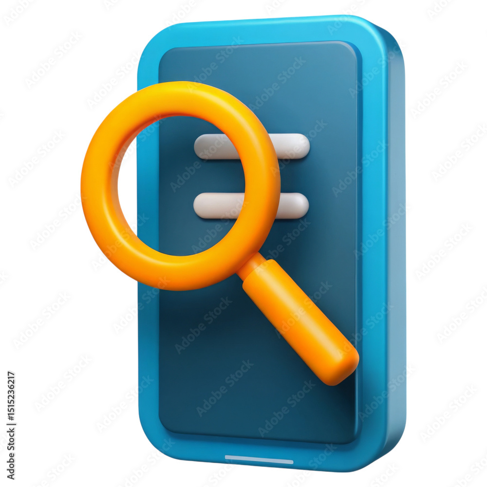 Poster seo optimization and mobile concept. magnifying glass on a blue device interface.