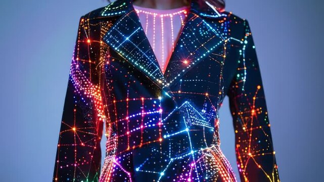 A woman's jacket with embedded, colorful LED lights forming a network pattern