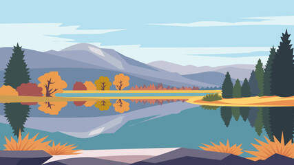 Autumn lake with colorful trees and calm reflections