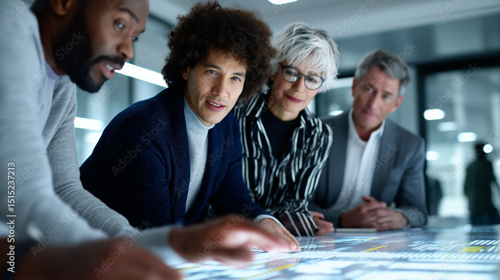 Poster diverse team of professionals analyzing data on a large digital screen during a strategy meeting in 
