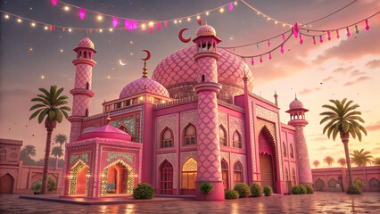 Ramadan Mubarak Islamic Landscape Illustration with Cute Mosque on Hill in Purple and Pink Theme
