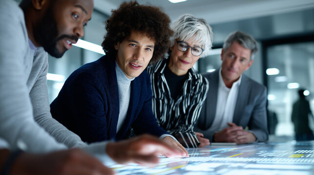 Diverse team of professionals analyzing data on a large digital screen during a strategy meeting in a high-tech office.
