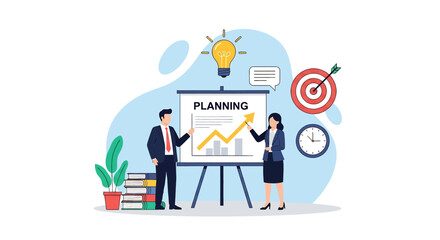 Flat vector illustration of a business planning meeting: a man and woman present a growth chart, aiming for success. Perfect for strategy, goals, and corporate teamwork