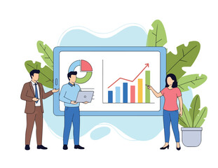 Flat vector illustration of a business presentation with a team discussing growth charts and data. Highlights teamwork and business strategy