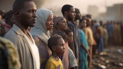 Line of African people of all ages standing together in a crisis area, reflecting unity and hardship.
