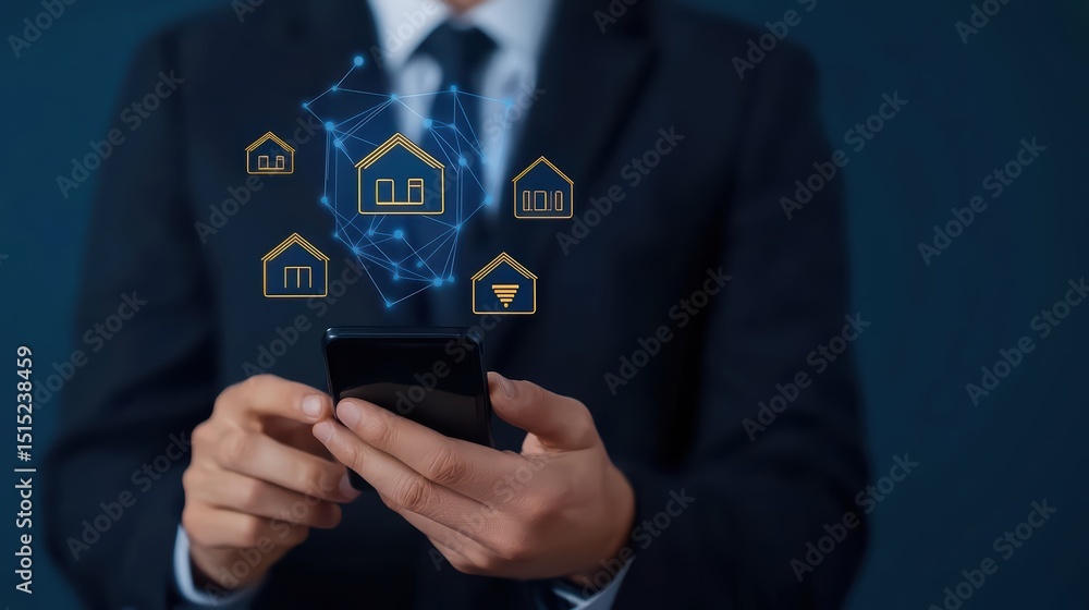 Poster businessman using smartphone to access real estate data with house icons and network graphics