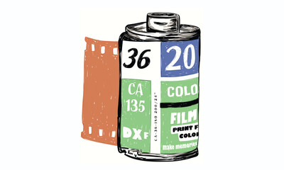 Photo film reel. Camera film roll and the film strip. Vintage camera film print design for t shirt print, poster, sticker, background and other uses.