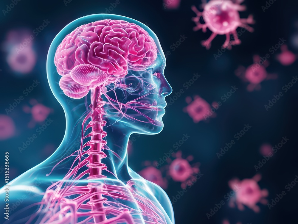 Poster human brain and neural connections with floating viruses in abstract digital art style