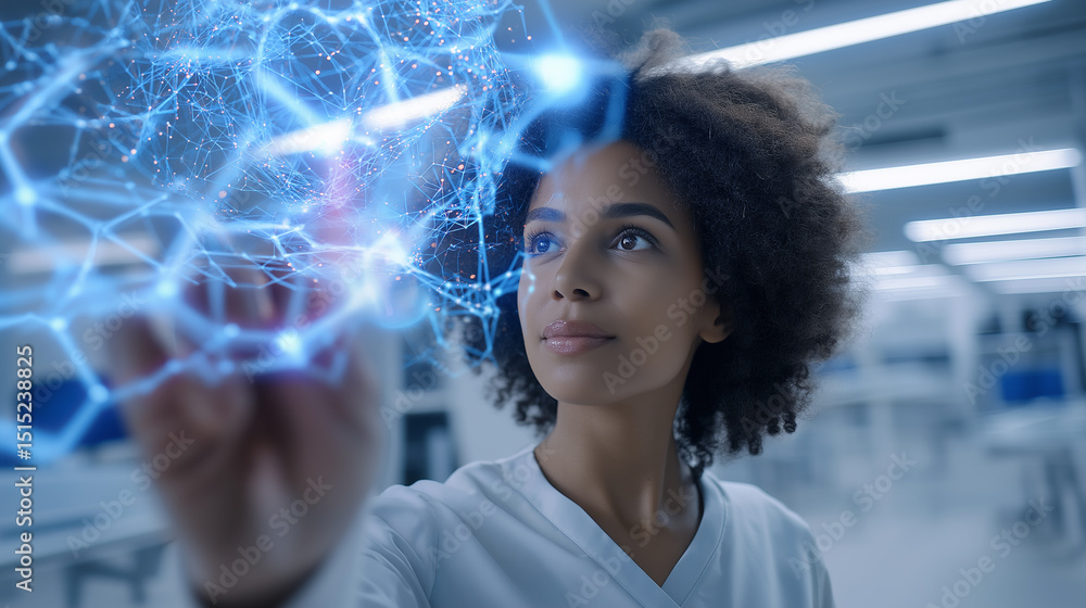 Poster young female scientist interacting with a glowing neural network visualization in a lab.