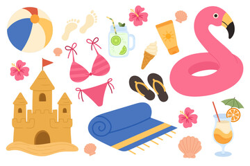 Beach summer vector set with sandcastle, inflatable flamingo float, bikini, beach towel, tropical cocktail, sunscreen tube, ice cream cone, flip flops, beach ball, lemonade in mason jar.