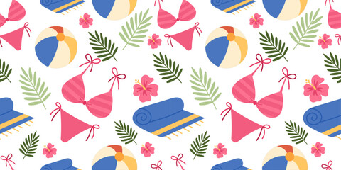 Obraz premium summer beach pattern with bikini, beach towel, inflatable ball, hibiscus flowers, and tropical palm leaves. Vibrant flat vector background for swimwear design, vacation fabric prints, wrapping paper.