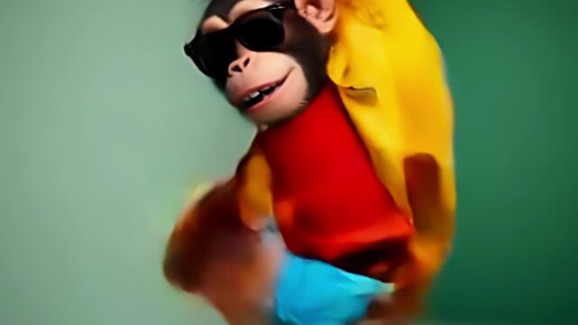 Excited monkey in trendy outfit celebrating with arms wide open against yellow background. Animated character ideal for advertising, social media content and youth-oriented projects.