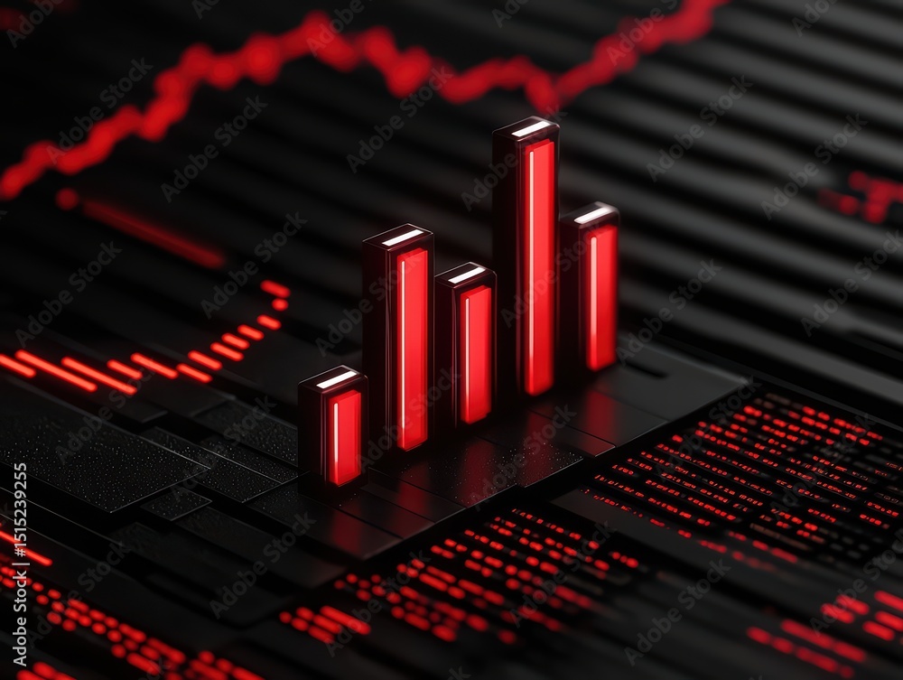 Poster abstract red data visualization with bars on a dark background reflecting modern financial trends an