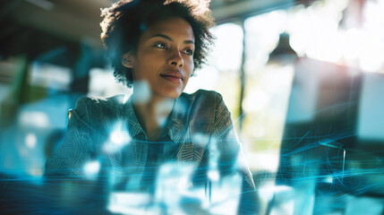 Thoughtful woman working at a computer with digital light overlays in a modern workspace.
