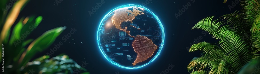 Poster 3d globe visualization surrounded by lush greenery and futuristic digital elements in a dark backgro