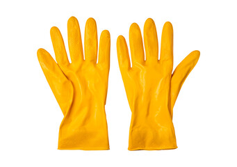 Bright yellow rubber gloves suitable for various cleaning tasks and activities, perfect for home improvement on transparent background, PNG
