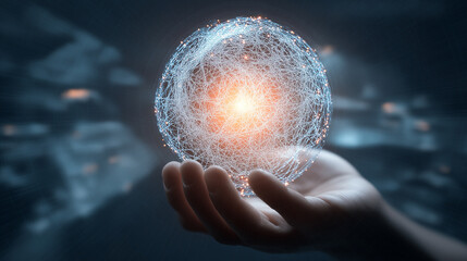 Human hand holding a glowing digital sphere composed of interconnected nodes and light particles in a dark futuristic space.
