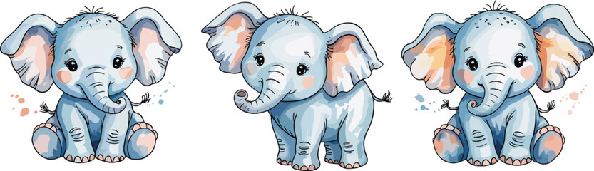 Abstract blue waves and snowflakes design with cute cartoon elephant art