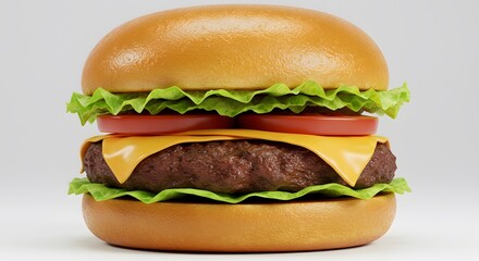 Classic Cheeseburger: A mouthwatering cheeseburger, perfectly assembled with a juicy beef patty, melted cheese, fresh lettuce, and ripe tomato slices, nestled between two golden buns.