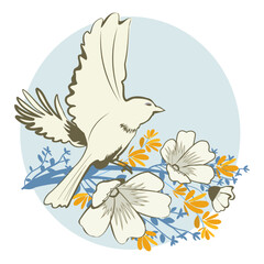  Birds on branches with flowers. Vector illustration.	

