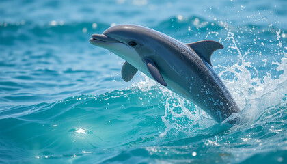 A playful dolphin leaps gracefully from the ocean waves, showcasing its sleek body and vibrant energy in a stunning marine wildlife scene.