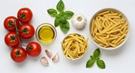 Pasta Ingredients: A vibrant overhead shot showcasing the essential ingredients for a delicious pasta dish: penne pasta, tagliatelle pasta, fresh tomatoes, garlic cloves, olive oil, and basil leaves.